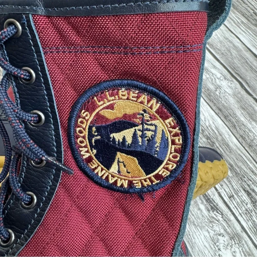 Women's LL Bean Explore the Maine Quilted Duck Boots 6 Navy Burgundy Tan